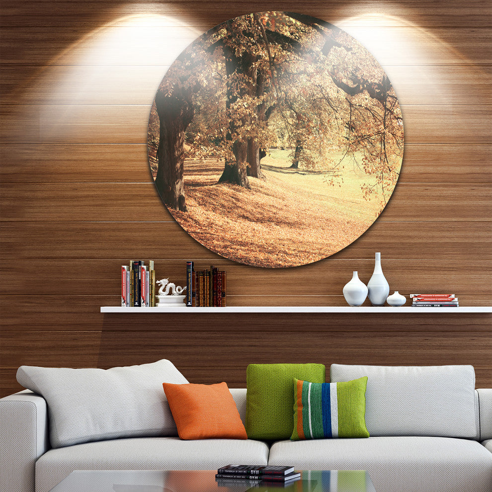 Dreamy Imagery Of Autumn Forest, Modern Forest Disc Metal Artwork, 11"