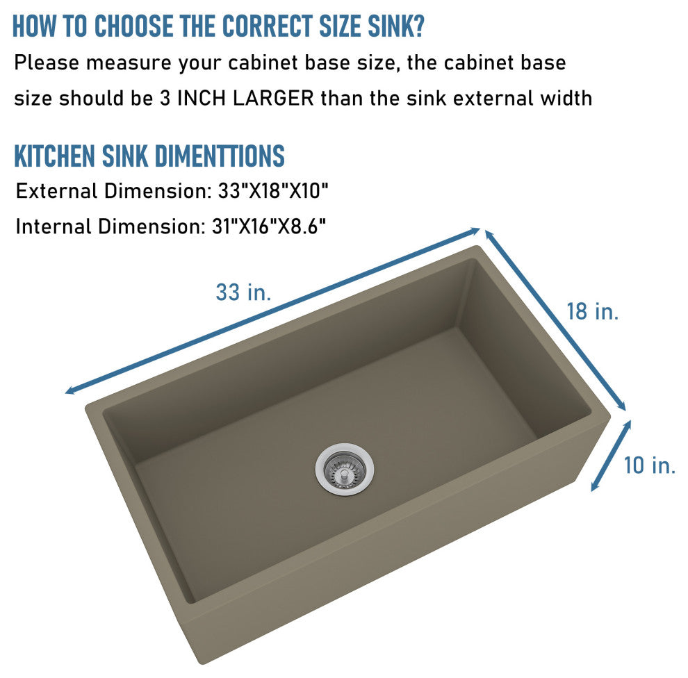 33in Single Bowl Farmhouse Apron Kitchen Sink with Bottom Grid and Drainer, Taupe Clay