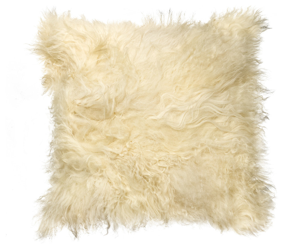 Natural 100% Sheepskin Mongolian Pillow, Natural, 18"x18"