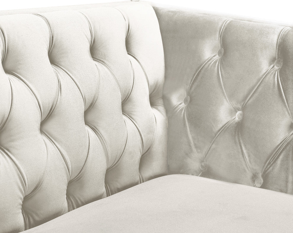 Michelle Fabric Upholstered Chair, Gold Iron Legs, Cream, Velvet, Loveseat
