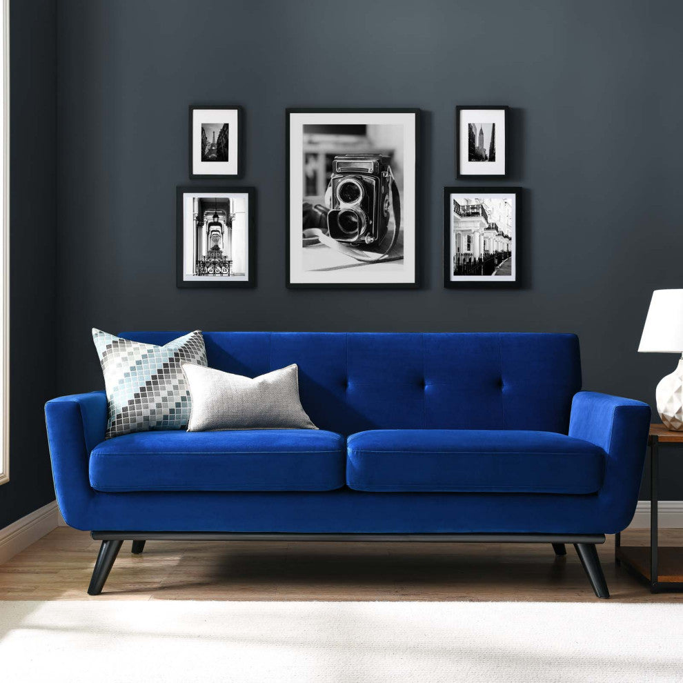Loveseat Sofa, Blue Navy, Velvet, Modern, Mid Century Hotel Lounge Cafe Lobby
