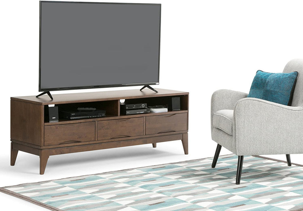 Mid Century TV Stand, Rubberwood Frame With Drawers & Shelves, Dark Walnut Brown