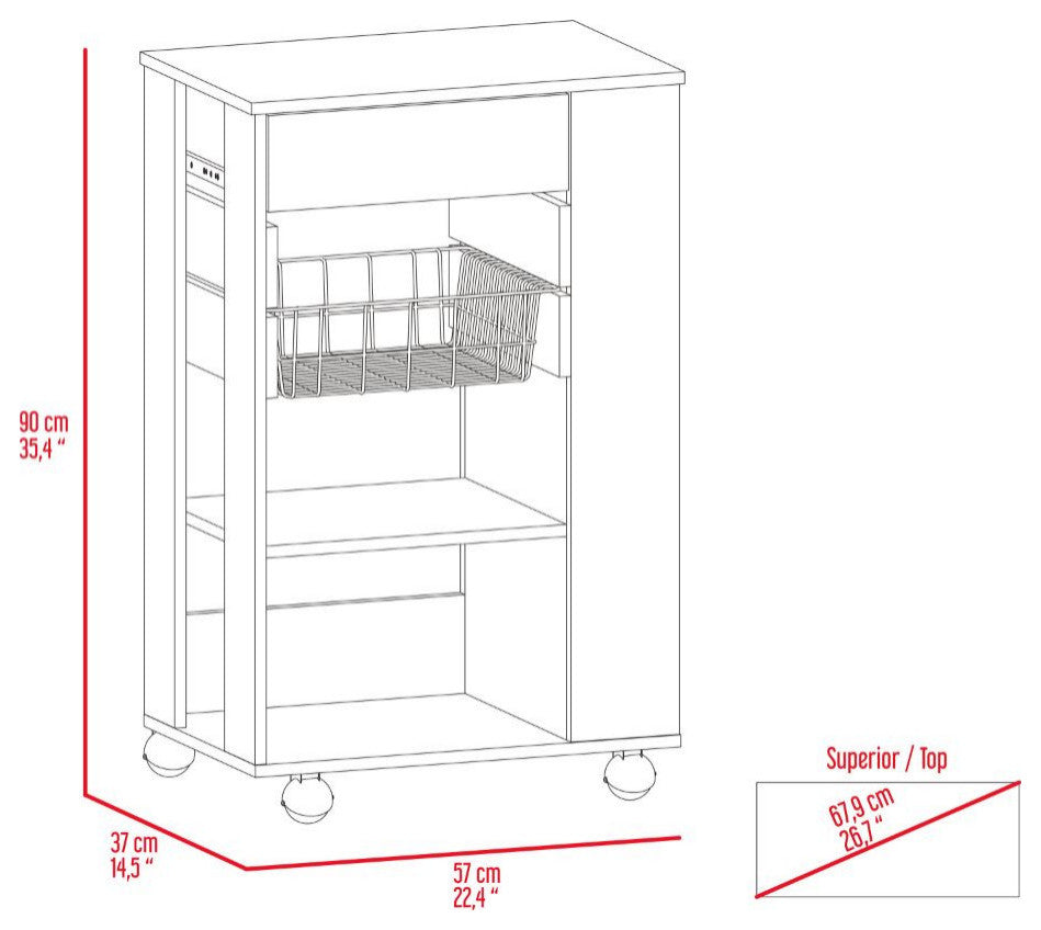 Shelton Kitchen Cart with 5 Open Shelves, Rack, and 4 Casters, White/ Light Oak