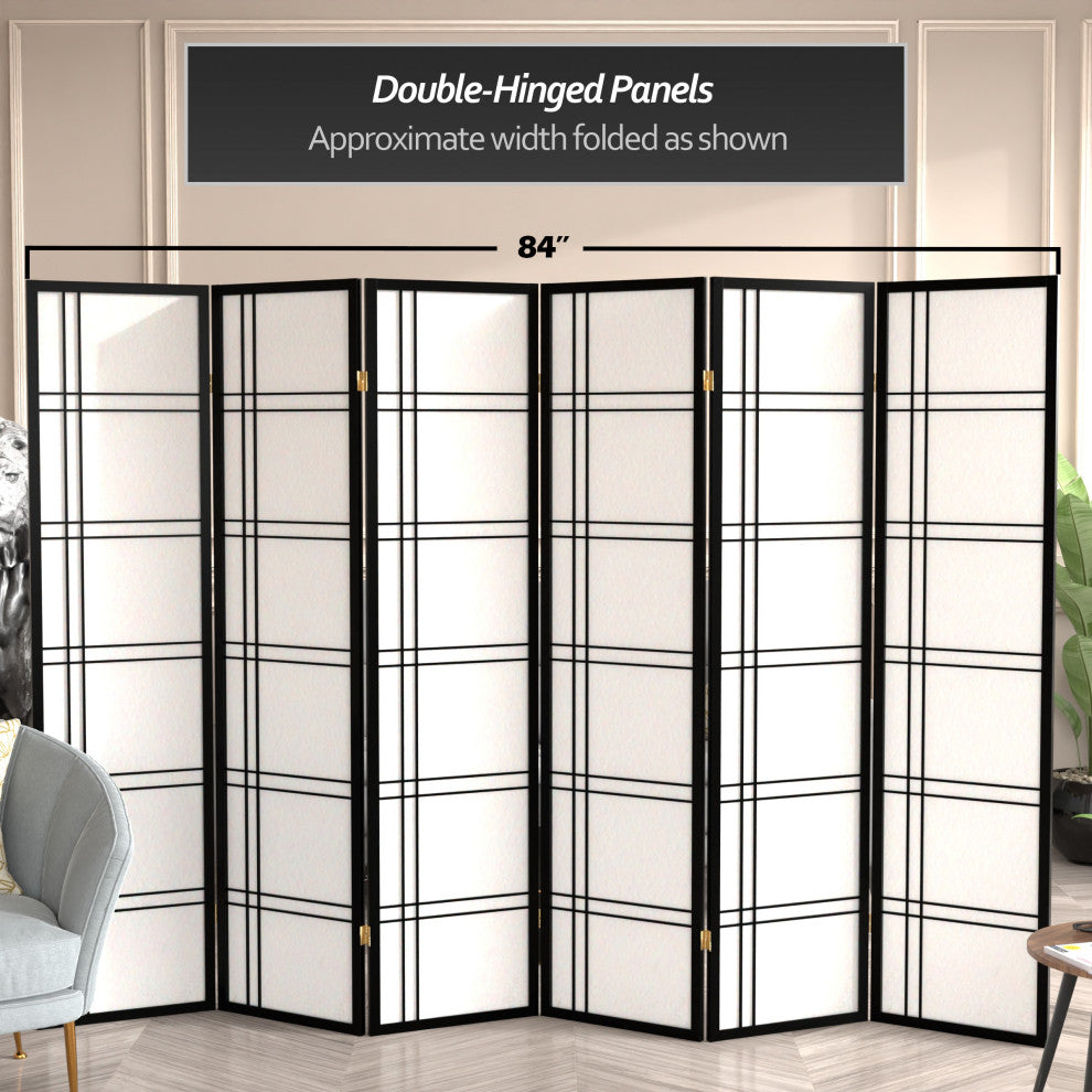 6'' Tall Double Cross Shoji Screen, Black, 6 Panels