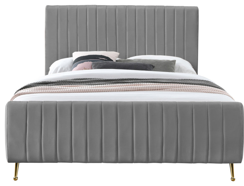 Zara Channel Tufted Velvet Upholstered Bed With Custom Gold Legs, Gray, King
