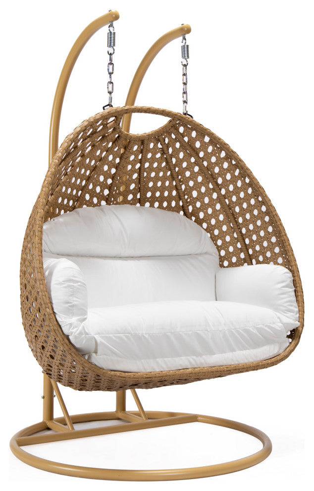 LeisureMod Mendoza Light Brown Wicker Hanging Double Egg Swing Chair, White