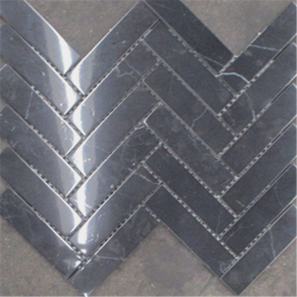 Nero Marquina Black Marble 1x4 Herringbone Mosaic Tile Polished, 1 sheet