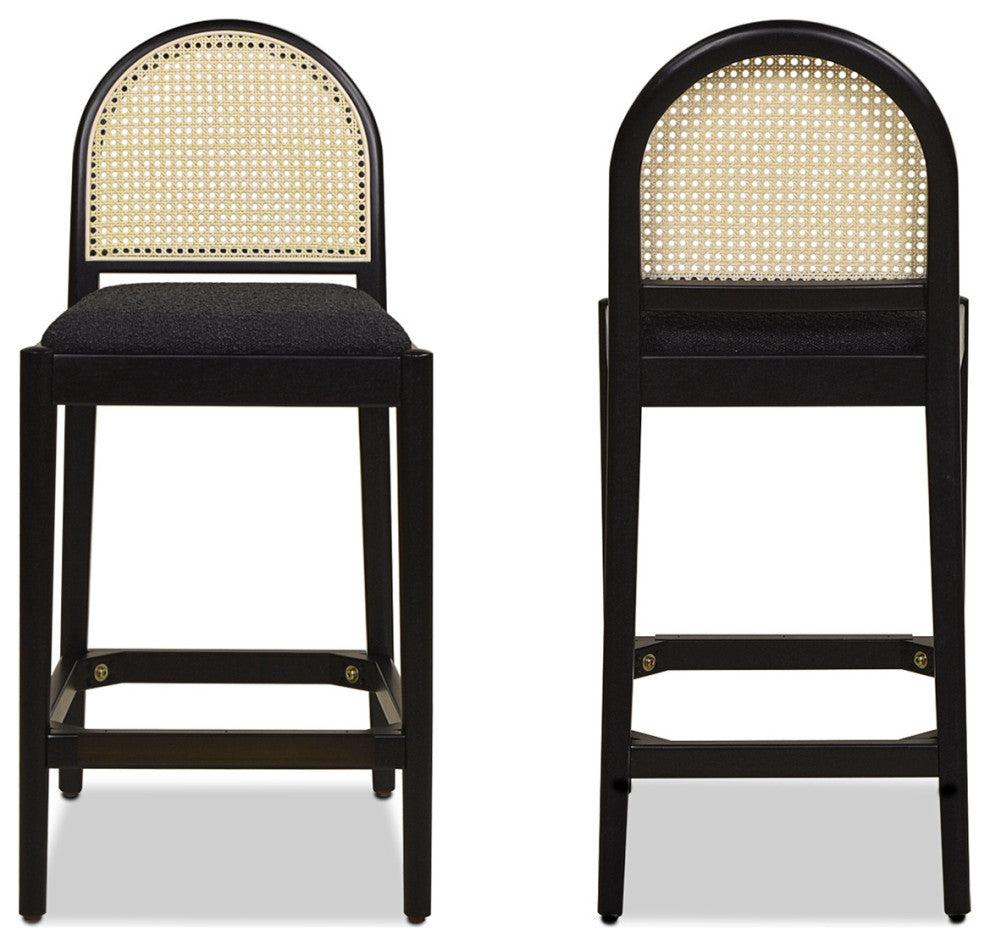 Panama Curved Back Cane Rattan Stool, Set of 2, Ebony Black Boucle, 26.5" Counter Height