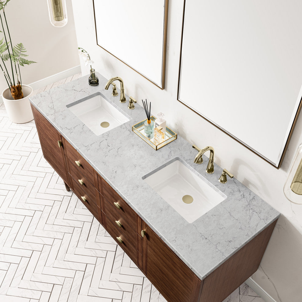 Amberly 30" Single Vanity, Mid-Century Walnut, 72", Eternal Jasmine Pearl, Three-Hole