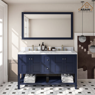 Single Sink Solid Wood Bath Vanity with Natural Marble Top and Mirror, 60in