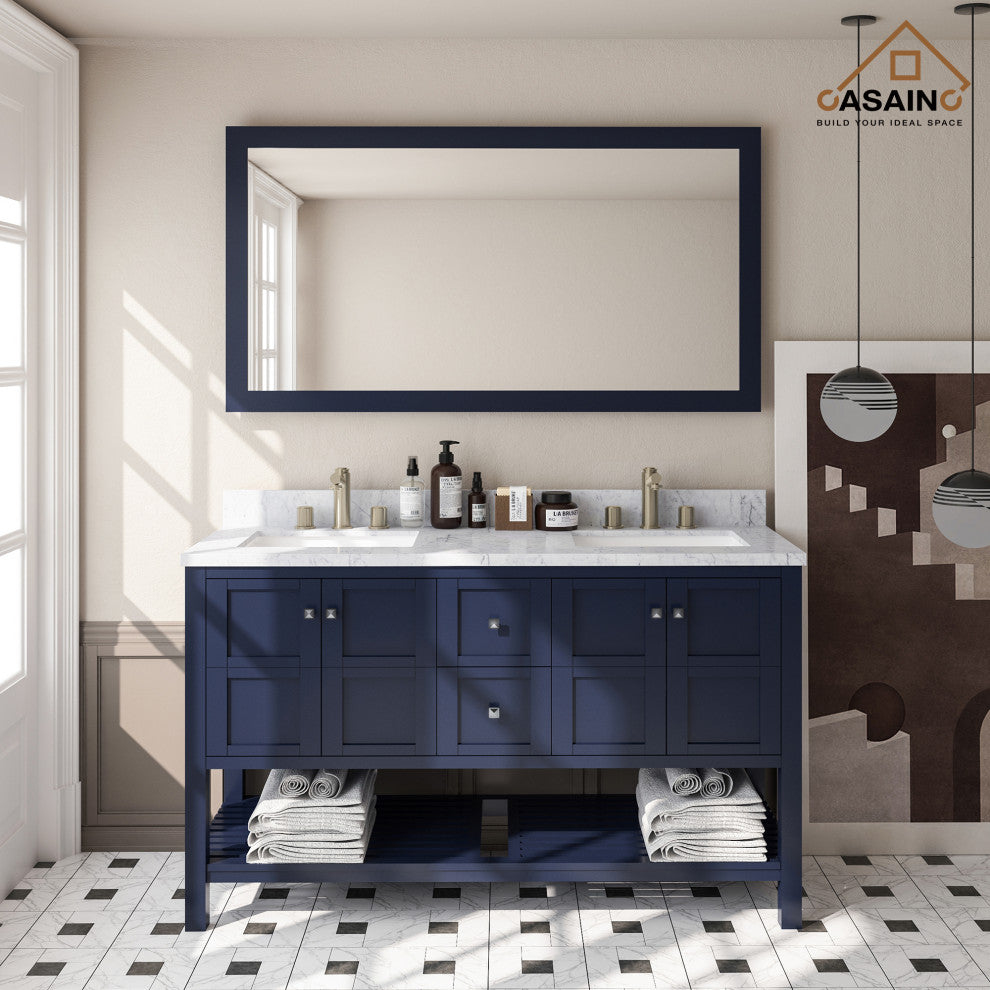 Single Sink Solid Wood Bath Vanity with Natural Marble Top and Mirror, 60in