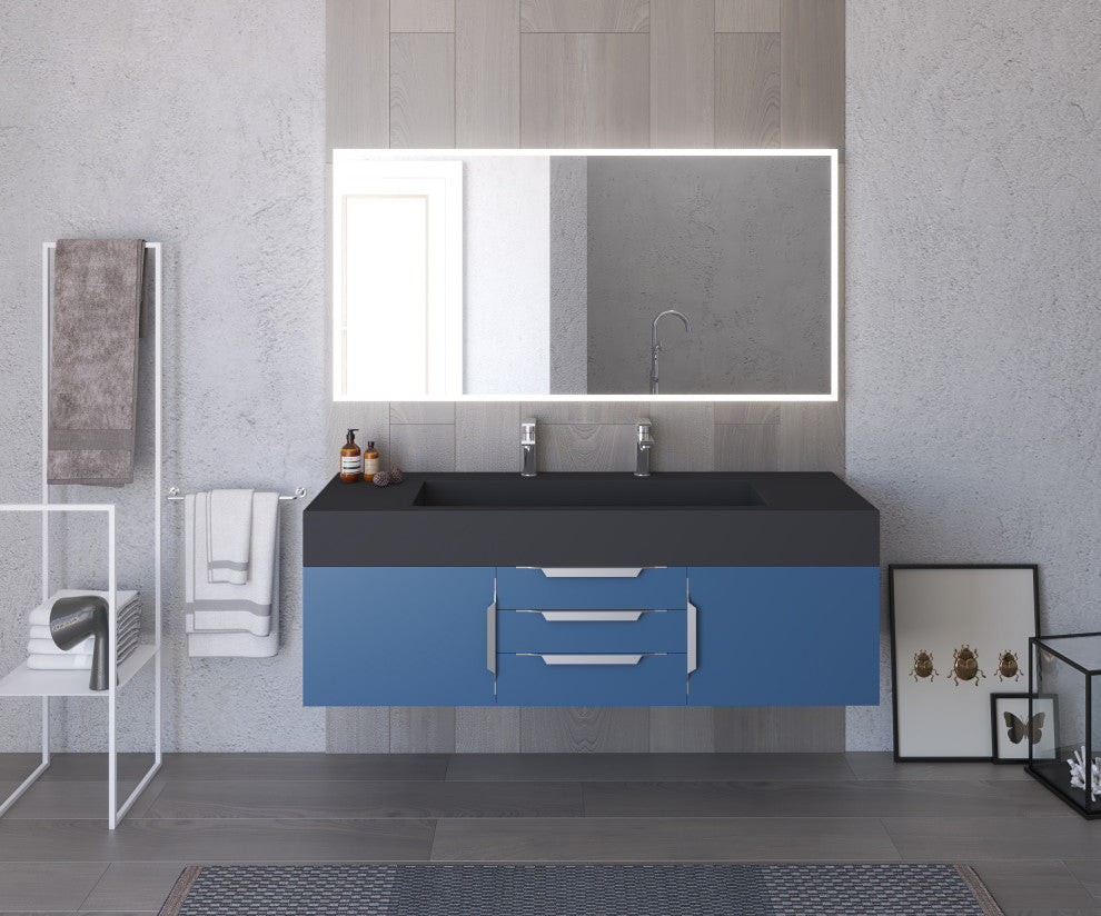 CastelloUSA Nile 60" Wall Mounted Vanity Set, Blue, Black Top, Chrome Handles