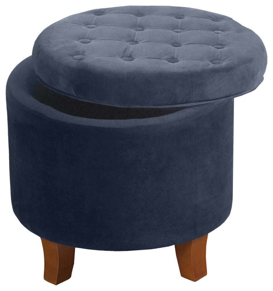 Benzara BM194928 Velvet Wooden Ottoman With Hidden Storage, Dark Blue and Brown
