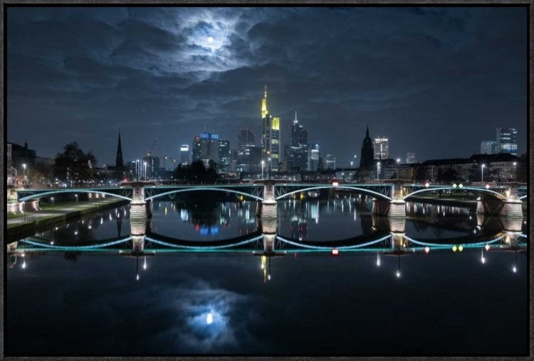 "Frankfurt At Full Moon" Framed Canvas Giclee by Mike Match-Photo, 31x21"