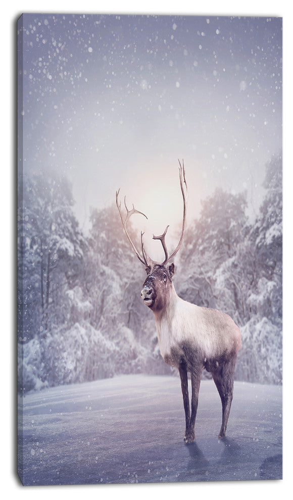 Huge Reindeer Standing in Snow, Animal Canvas Art Print, 16"x32"