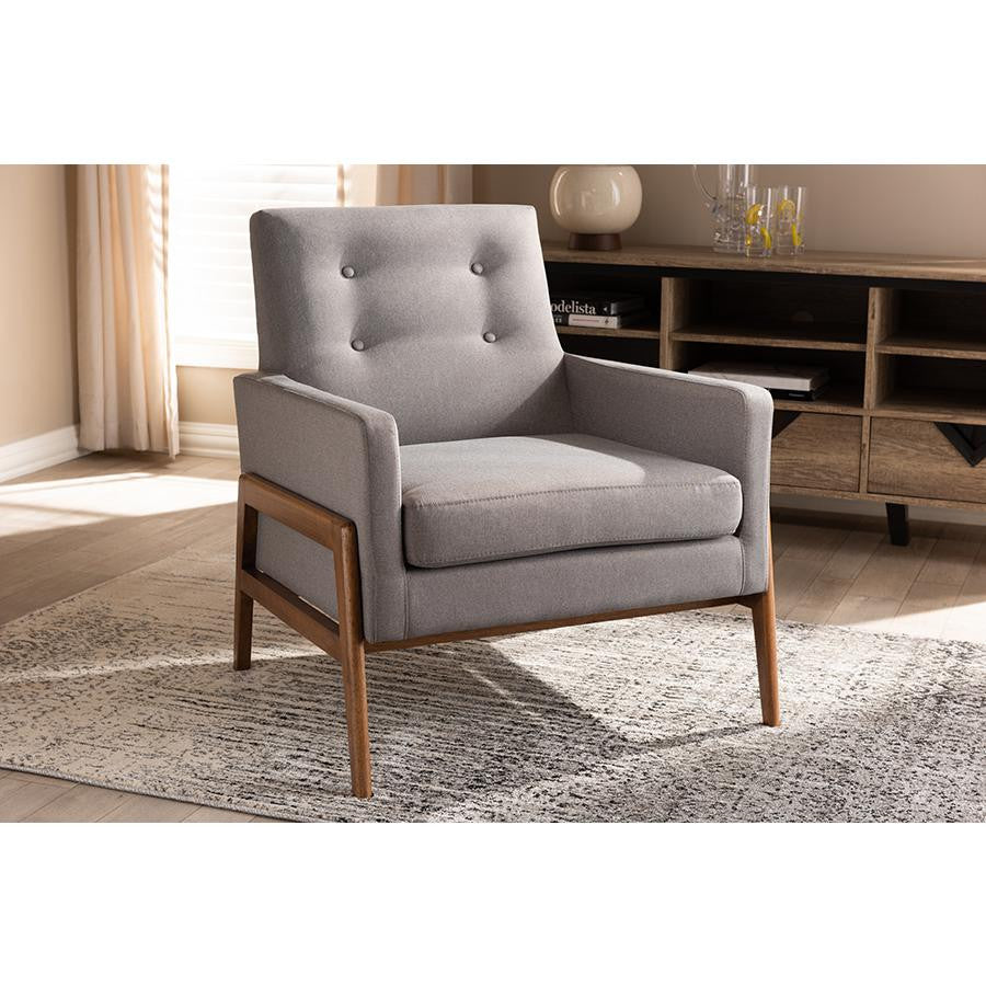 Perris Mid-Century Modern Gray Upholstered Walnut Wood Lounge Chair