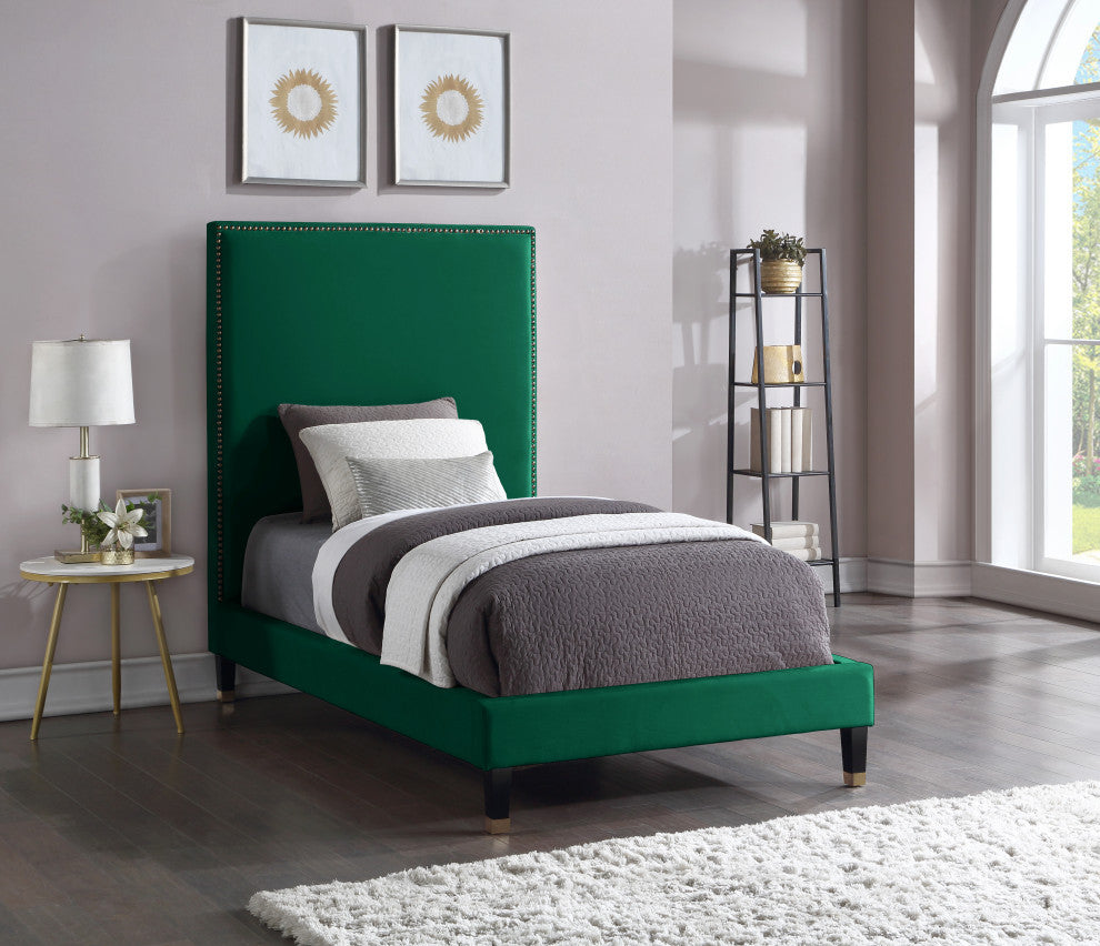Harlie Velvet Upholstered Bed, Green, Twin