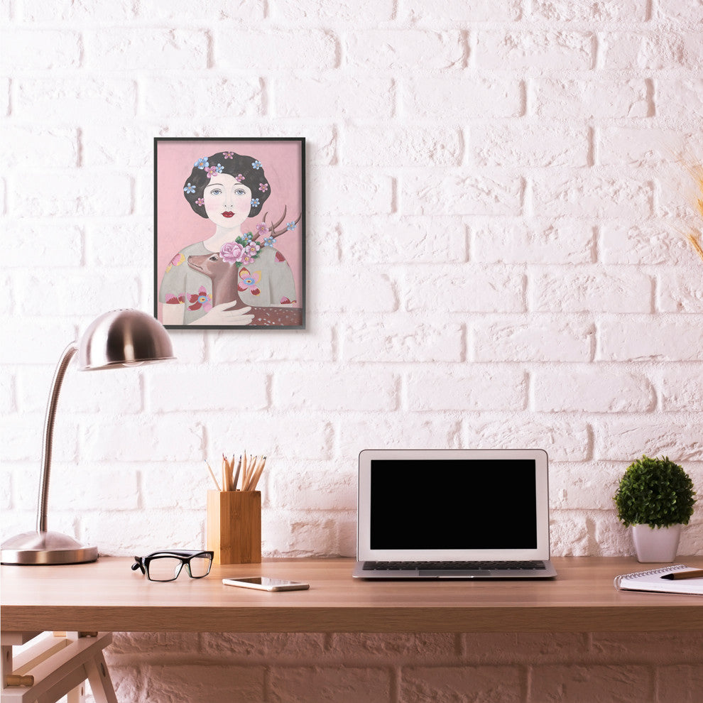 Woman And Deer Pink Animal Painting, 16"x20"