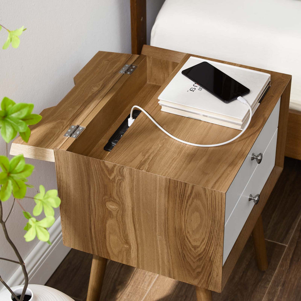 Nightstand Side End Table With USB, Wood, Brown Natural White, Modern