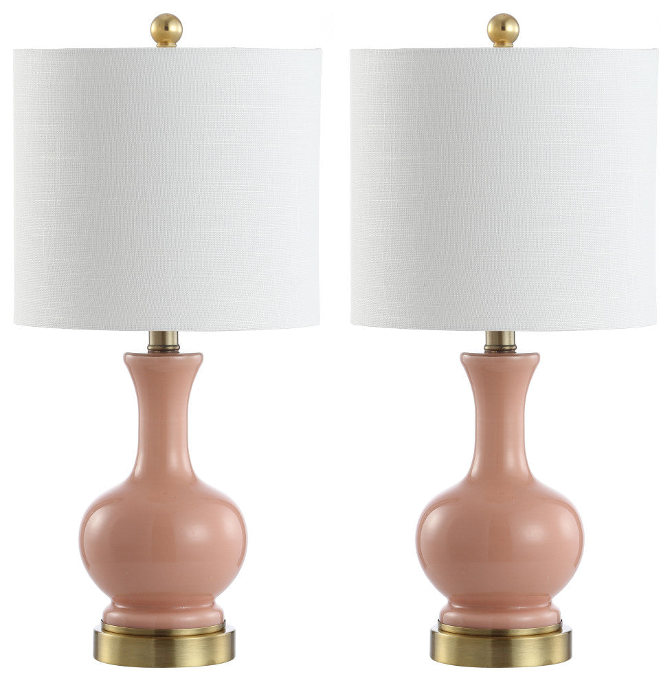 Cox 22" Glass and Metal Led Table Lamp, Set of 2, Light Coral and Brass Gold