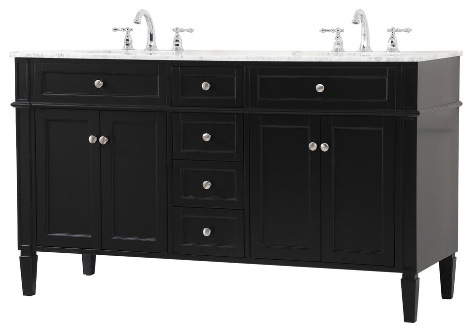 Home Living Vanity with Carrara White Marble Countertop, Black, 60", Double Sink