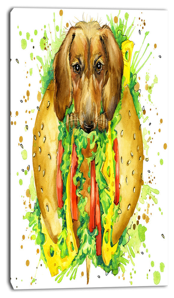 Funny Dog inside Sandwich, Contemporary Animal Art Canvas, 16"x32"