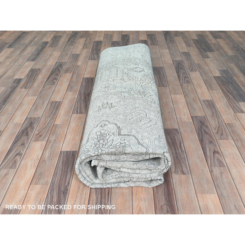 Blueish Gray, Worn Wool Hand Knotted, Vintage Persian Tabriz Rug, 9'4"x12'3"