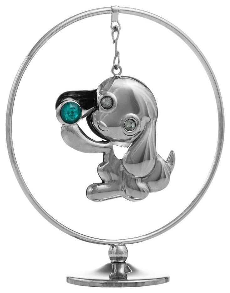 2018 Year of the Dog Chrome Plated Silver Puppy Hoop w/ Green Crystal