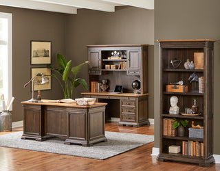 Executive Credenza, Desk With Solid Wood Plank Top, Fully Assembled, Brown