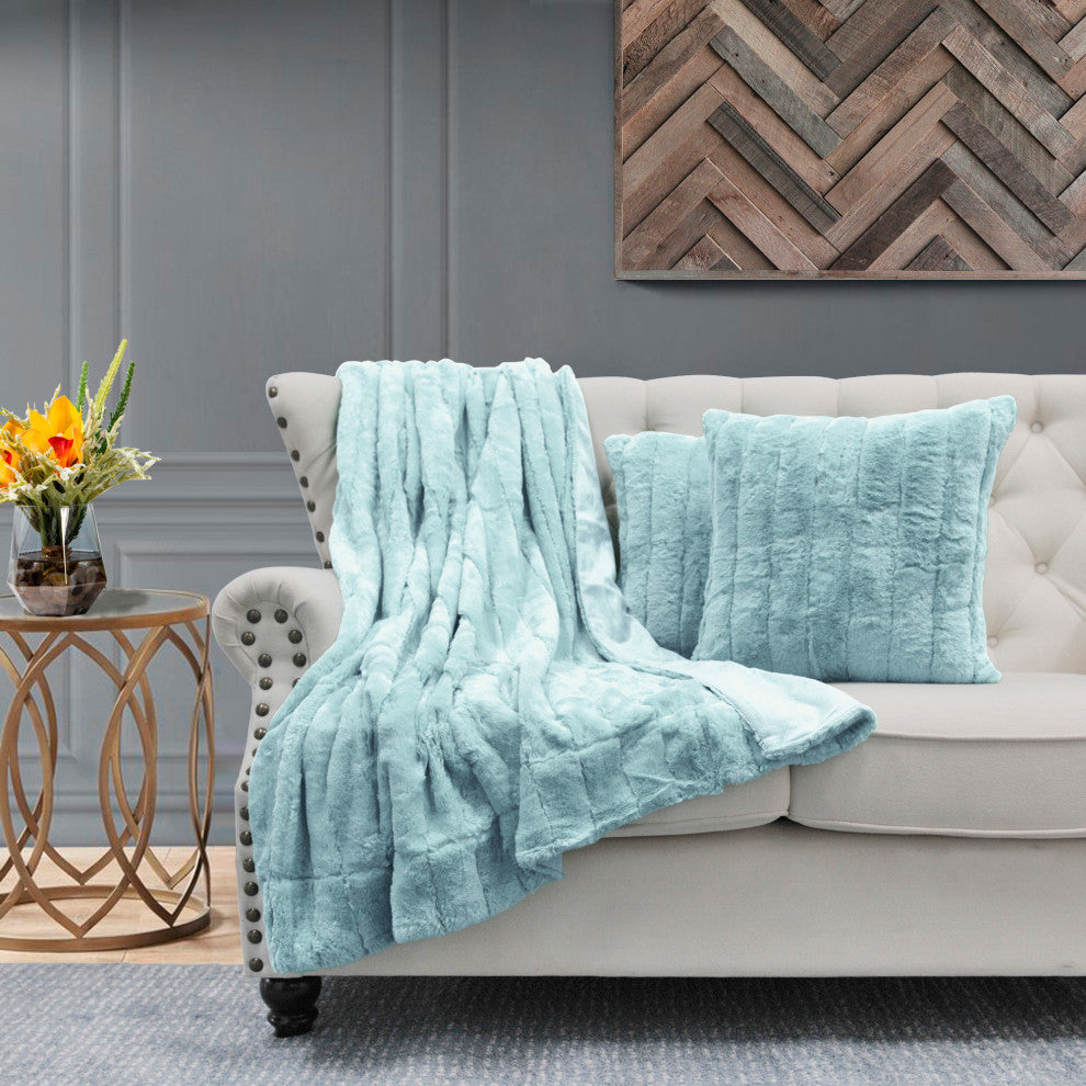 Rabbit Faux Fur Throw Blanket With 2 Pillows, Pastel Turquoise