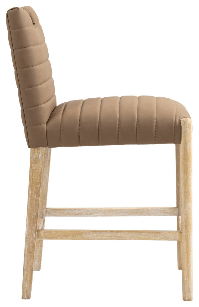Aimee Upholstered Counter Stool, Brown, Vegan Leather, Natural Oak Finish