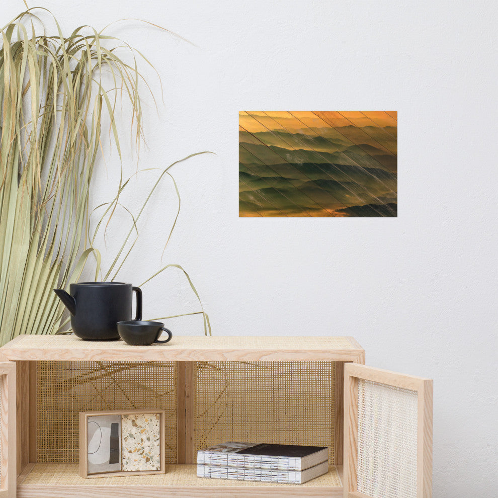 Faux Wood Foggy Mountain Layers at Sunset Landscape Unframed Wall Art Prints, 12" X 18"