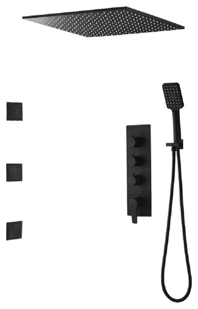 Black Shower System Large Rainfall Shower Head with Hand Shower and 3 Body Jets, 16 Inches With Standard Shower Valve