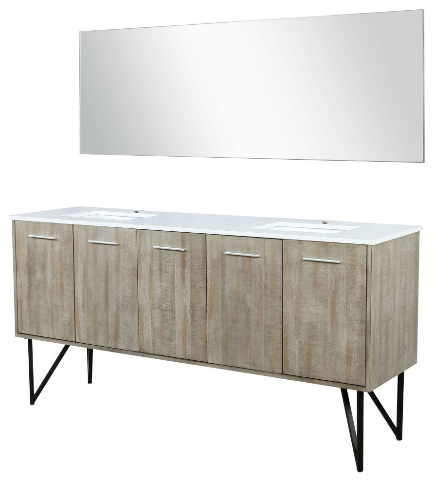 Lancy 72" Rustic Acacia DB Vanity, White Quartz Top, Square Sinks, 70" Mirror