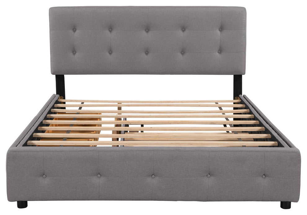 Queen Wood Frame Platform Bed with Drawers and Twin XL Trundle, Grey, Queen
