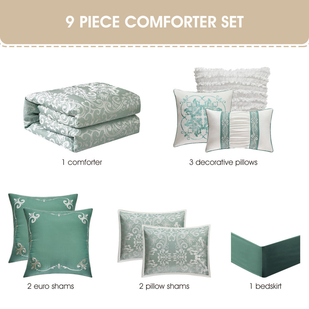 Barvina 9 Piece Damask Comforter Set, Sage, King