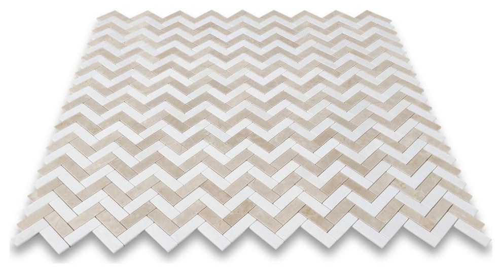Crema Marfil Thassos White Marble 1x3 Herringbone Wall Floor Tile, 1 sheet