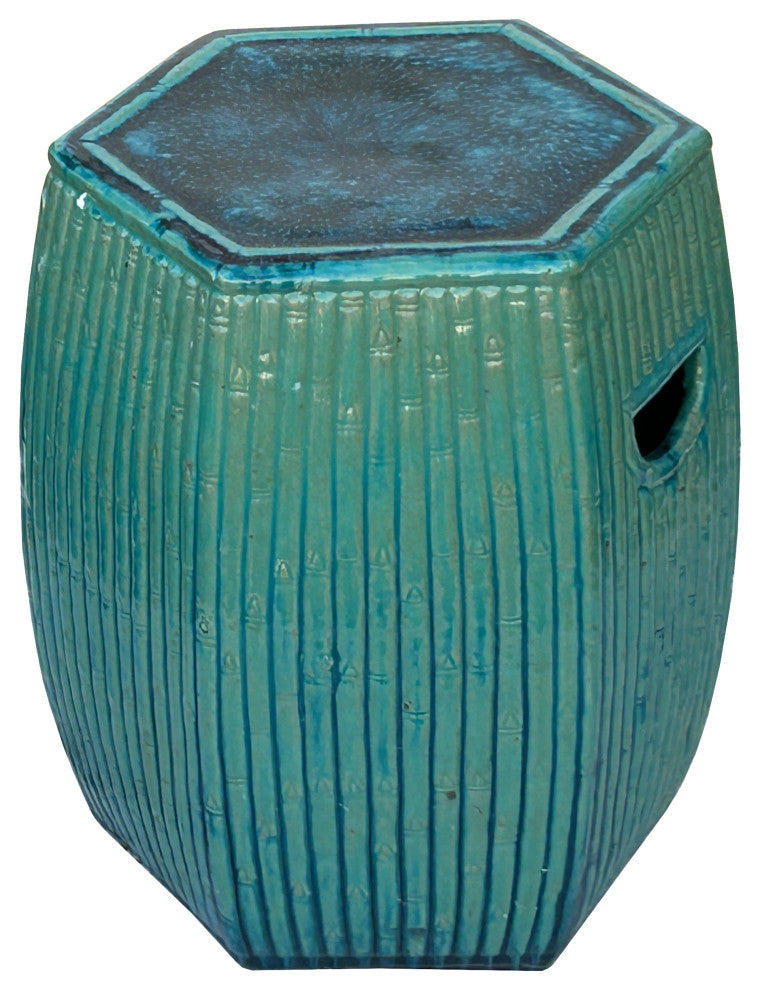 Hexagon Bamboo Theme Turquoise Green Ceramic Clay Garden Stool Hws3557