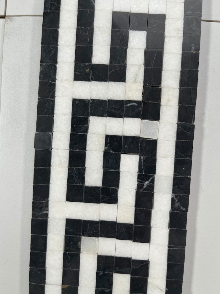 Greek Key Thassos White Nero Marquina Black Marble Mosaic Border Tile, 1 piece