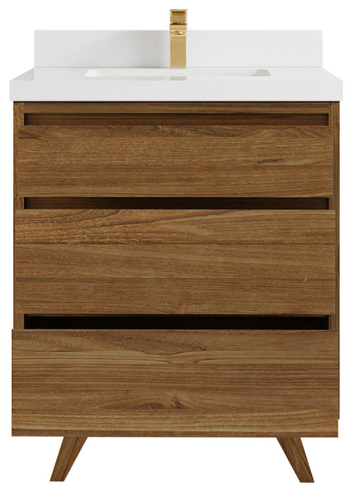 Madison Teak 30 Single Sink Bath Vanity in Dark Natural 2" White Quartz