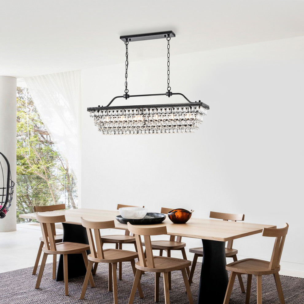 6-Light 40 in. Antique Black Rectangular Crystal Chandelier Dining Room Fixture