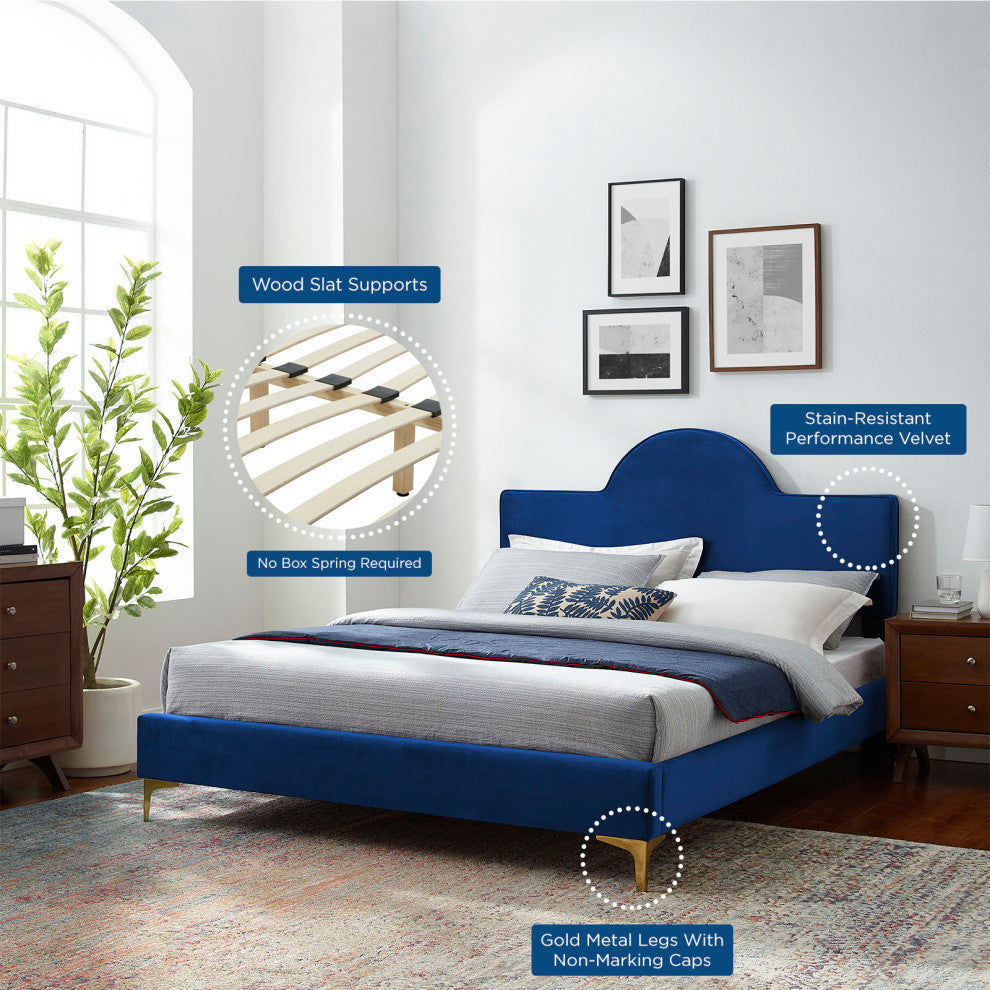 Platform Bed Frame, King Size, Blue Navy, Velvet, Modern, Bedroom Guest Suite
