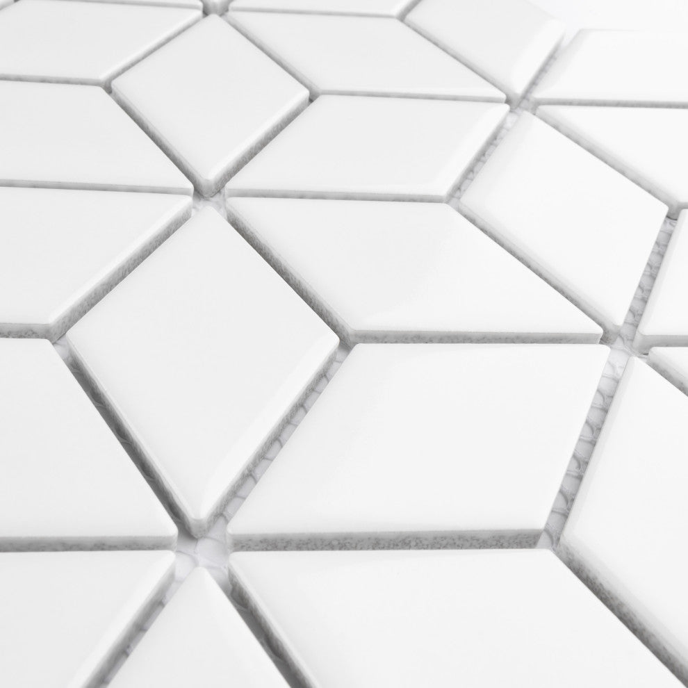 Metro Rhombus Mosaic Floor and Wall Tile, Glossy White