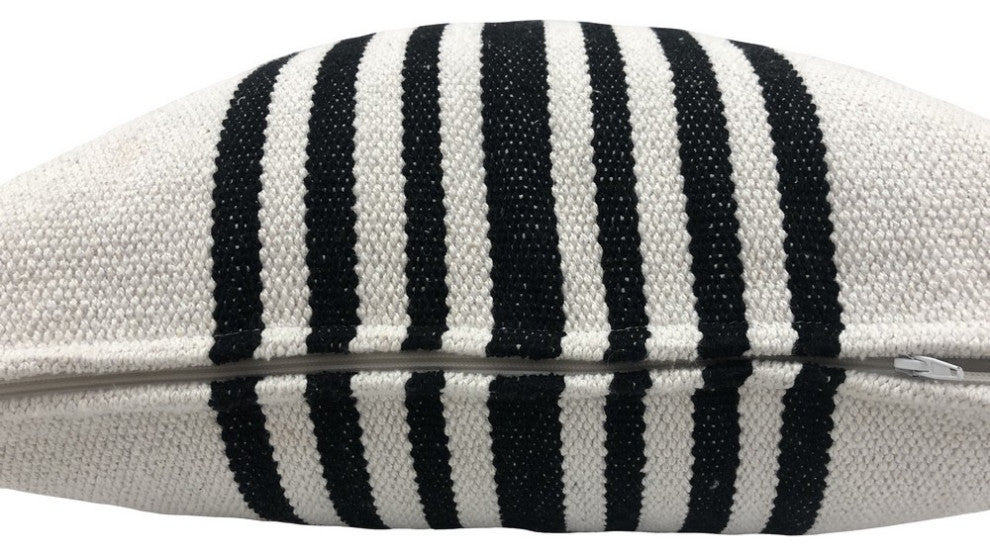 Ox Bay Handwoven White/Black Stripe Organic Cotton Pillow Cover, 22"x22"