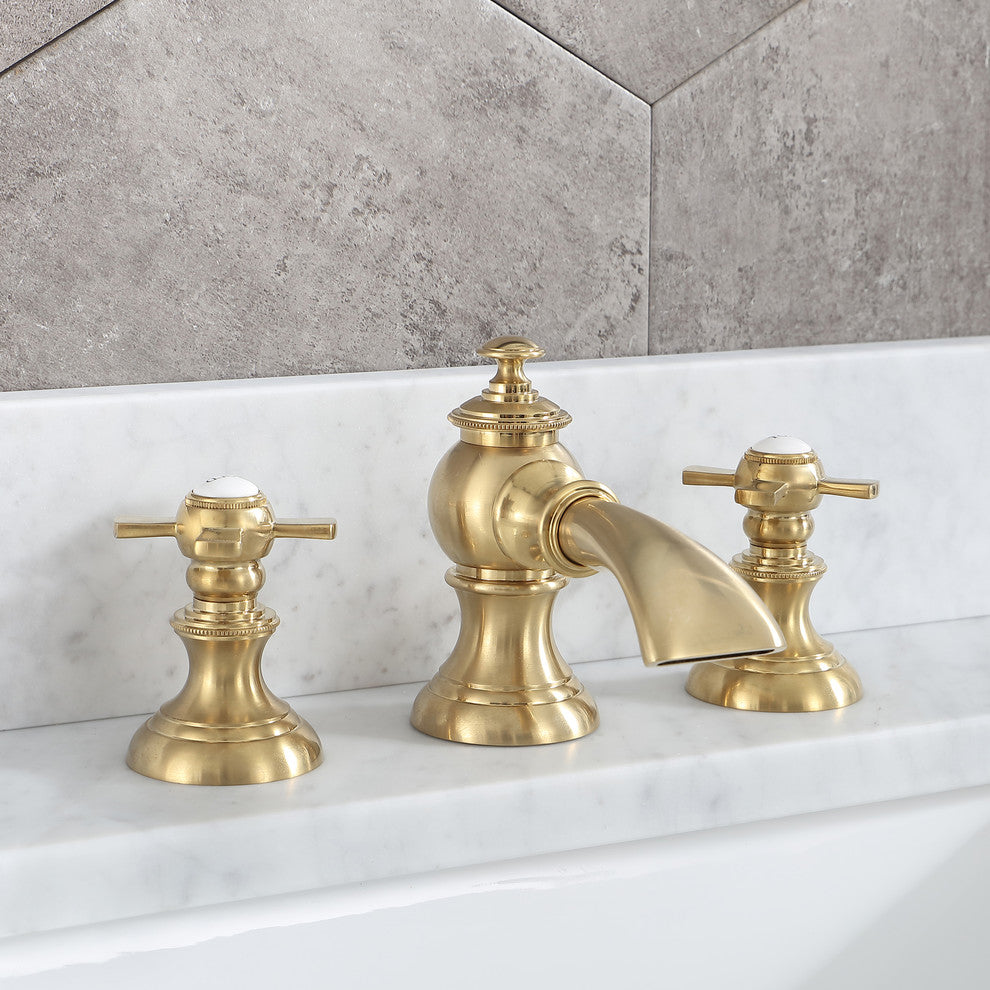 F2-0013-06-FX Satin Brass Waterfall with Flat Cross Handles True Brass Lavatory