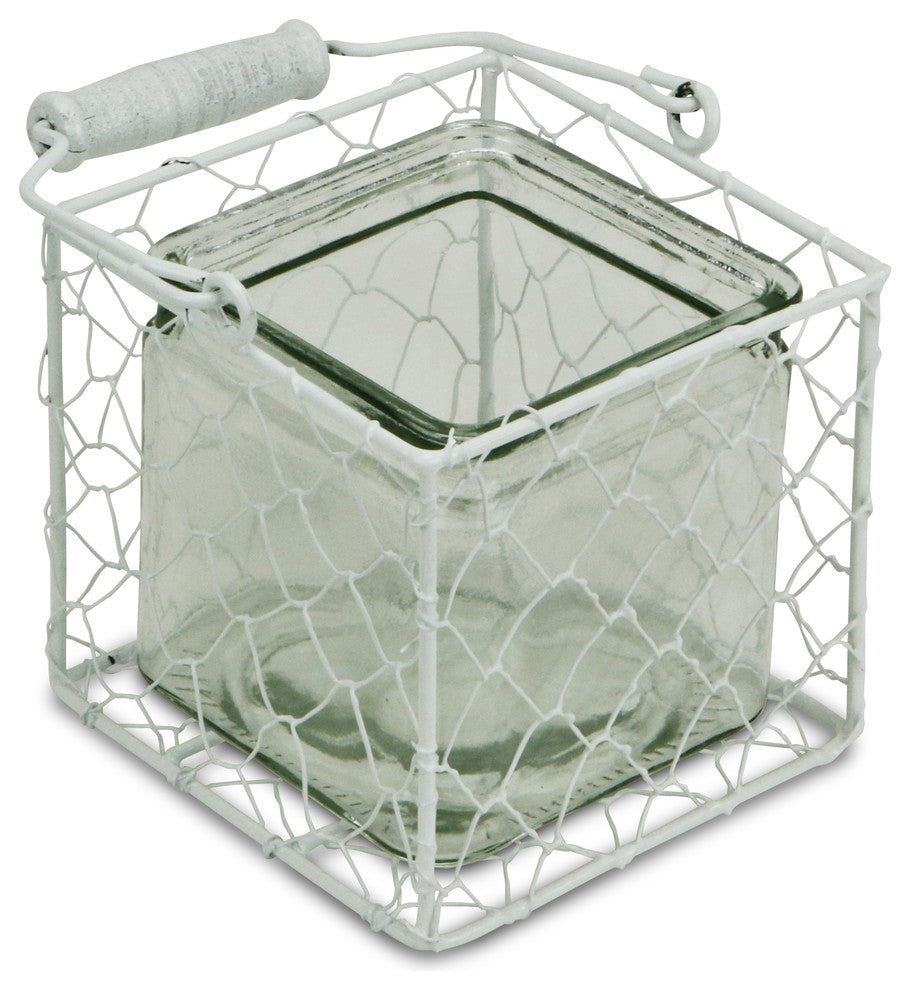 Laguna Wire Basket With Glass Jar, White, Large, Medium