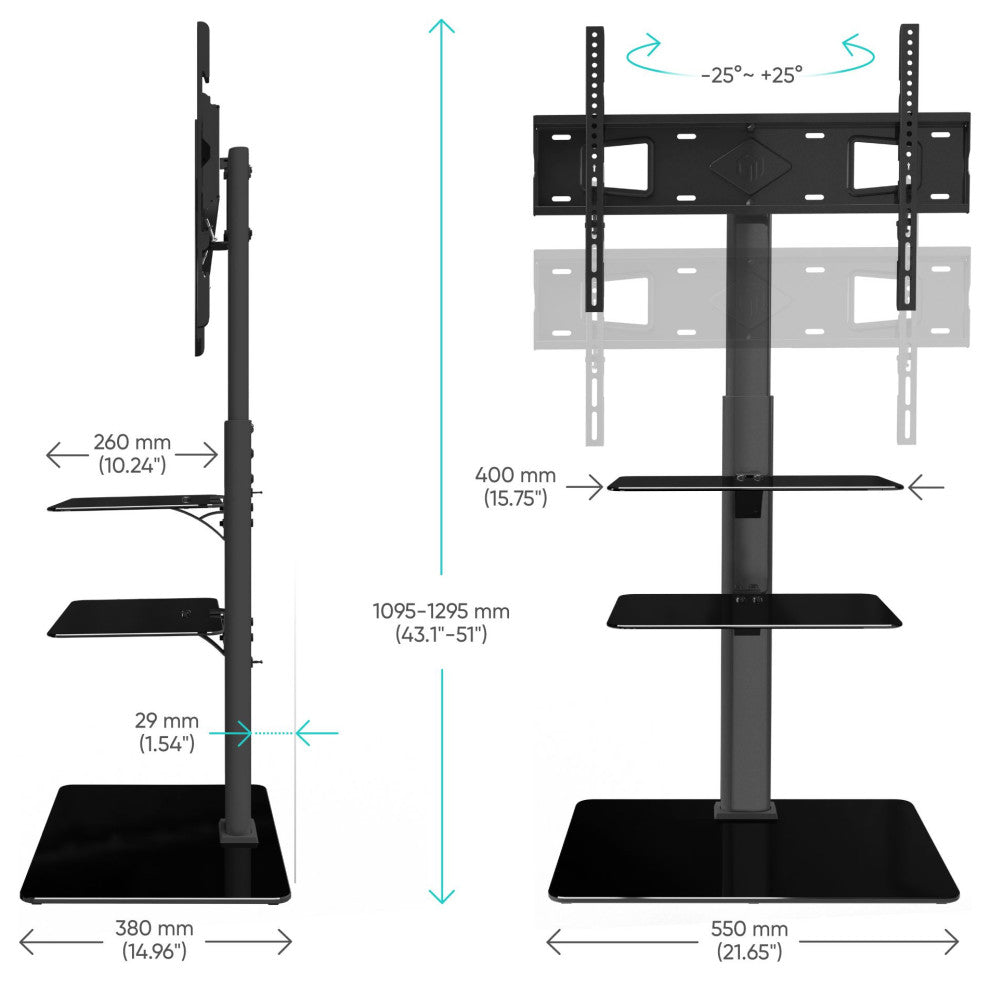 ONKRON Swivel Floor TV Stand for 32"-65" TVs up to 66 lbs Glass shelves and base