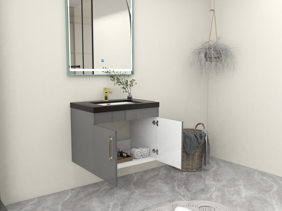 Rosa 30" Wall Mounted Modern Vanity, High Gloss Gray, Matt Black Top
