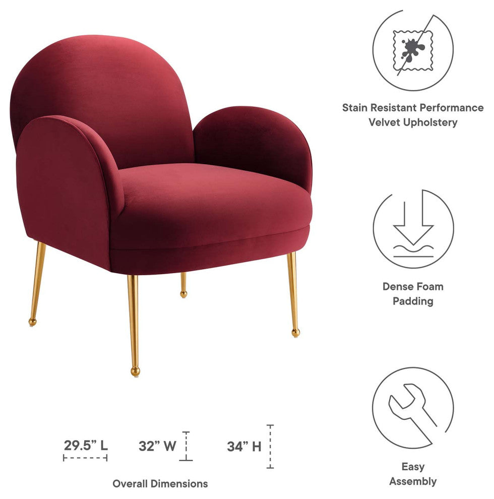 Armchair Accent Chair, Red, Velvet, Modern, Mid Century Hotel Lounge Cafe Lobby