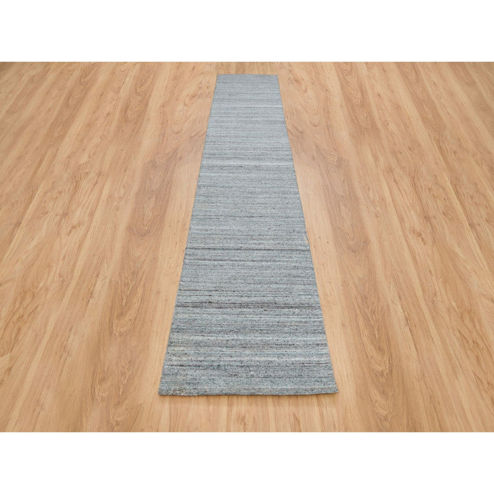 Coin Gray Wool Hand Loomed Modern Striae Design Runner Oriental Rug 2'7"x14'